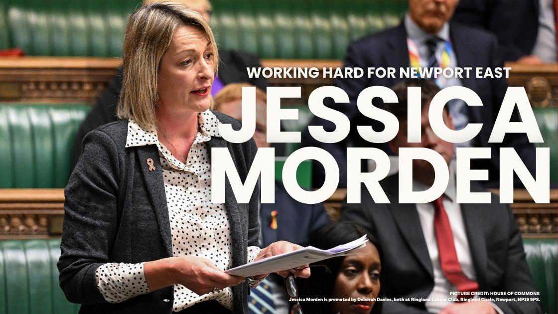 The graphic says Working Hard for Newport East, Jessica Morden, displayed with a picture of Jessica and a Welsh Labour logo. 